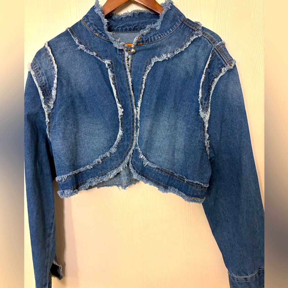 Almost Famous Blue Cropped Jean Jacket with Frayed Edges